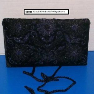 Cross Body Purse ~ Black~ Beaded Floral Velvet